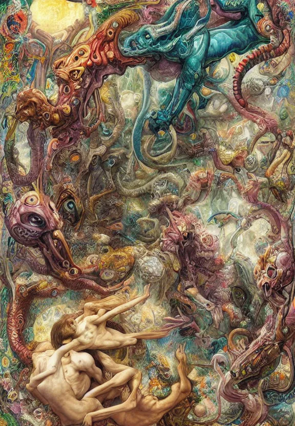 Prompt: simplicity, colorful muscular eldritch animals and bodies radiating outward, mandala, white bones, colorful gems, by h. r. giger and esao andrews and maria sibylla merian eugene delacroix, gustave dore, thomas moran, pop art, chiaroscuro, biopunk, art nouveau