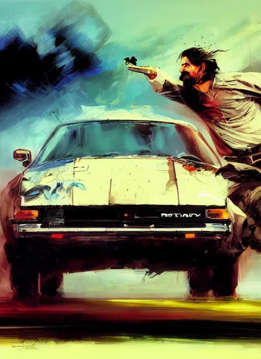 Image similar to dr. disrespect, driving car, reckless, painting by phil hale, fransico goya,'action lines '!!!, graphic style, visible brushstrokes, motion blur, blurry, visible paint texture, crisp hd image