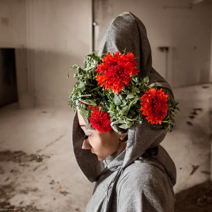 Image similar to a woman wearing a hood made of wire and zinnias, in an abandoned office building, canon eos c 3 0 0, ƒ 1. 8, 3 5 mm, 8 k, medium - format print