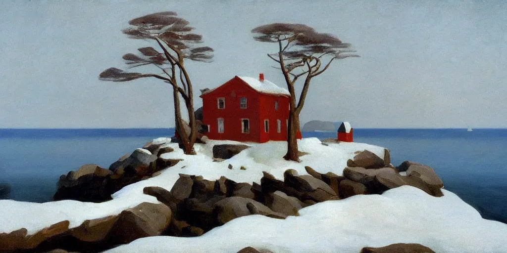 Prompt: a beautiful landscape painting of a rocky outcrop on the coast with a tree next to a house, heavy snow fall, by edward hopper, oil on canvas, highly detailed, hd, 4 k