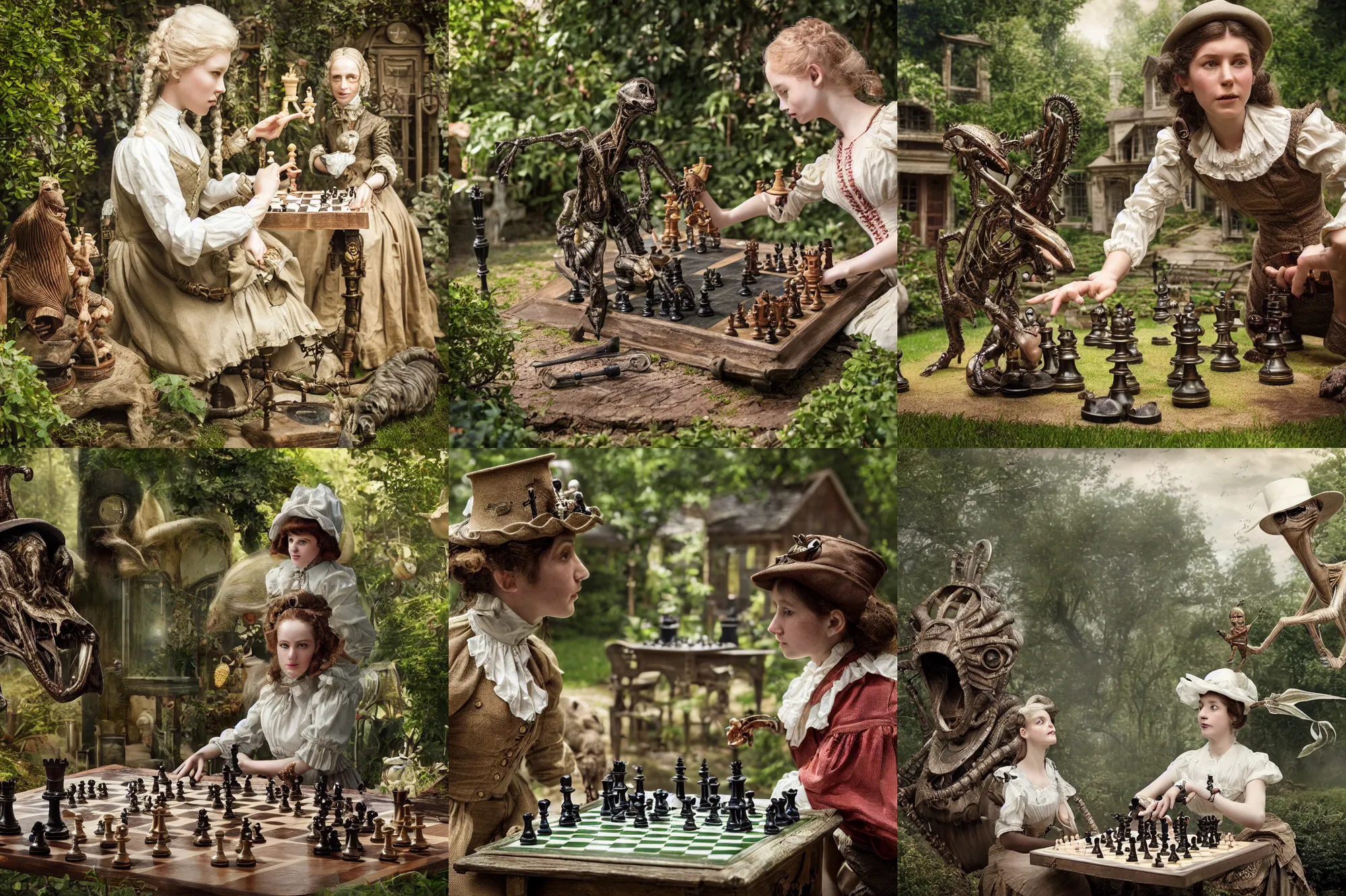 Prompt: detailed, sharp, a girl playing chess with her pet alien creature, wearing 1860s era clothes, in the garden of a house on an alien planet, steampunk, extremely highly detailed, hyperrealistic, highly detailed faces, 70 mm still from a period sci fi movie, 4k, HD