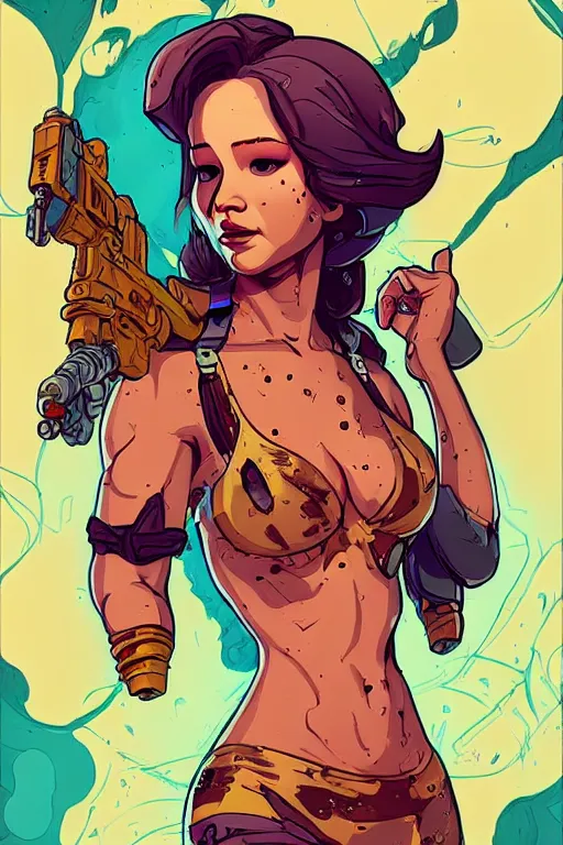 Prompt: a study of cell shaded portrait of Jennifer Lawrence Siren as a Borderlands 3 character, llustration, post grunge, concept art by josan gonzales and wlop, by james jean, Victo ngai, David Rubín, Mike Mignola, Laurie Greasley, highly detailed, sharp focus, alien, Trending on Artstation, HQ, deviantart, art by artgem