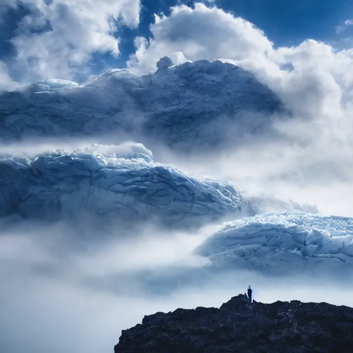 Image similar to award winning photo of floating glacier in the air surrounded by clouds and mist, mysterious, photo taken from below