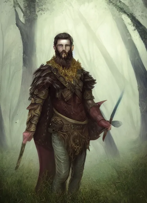 Prompt: A fantasy portrait painting of a male mage on a misty forest meadow, DAZ, hyperrealistic, ambient light, dynamic light, trending on artstation, d&d, RPG portrait