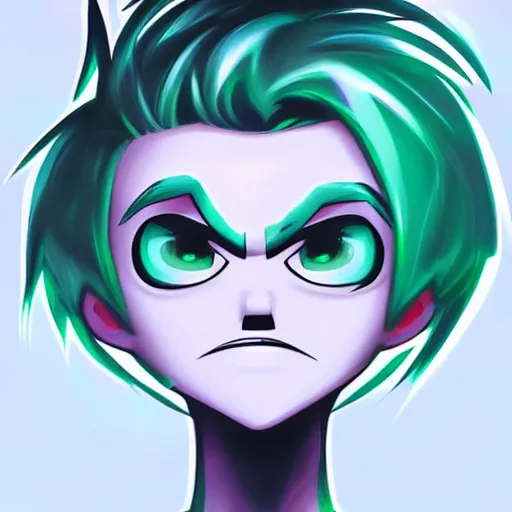 Prompt: cartoon danny phantom white hair glowing green eyes cute detailed photorealistic fanart trending on tumblr green sharp teeth pointed fangs, Ross Tran,