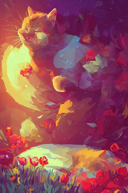 Image similar to a digital art of a cat sleeping in the room with flowers around in the afternoon, the sun shines in, animal, light effect, highly detailed, by anton fadeev