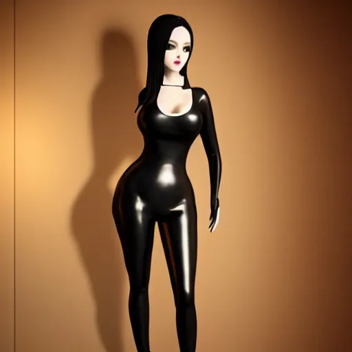 Image similar to portrait of a curvy feminine pale goth cutie in a modest intricate latex-leather-rubber tight neck-high outfit, with a thin waist, cgsociety, photorealistic, sublime-comfy-elegant ambience, 16k, smooth, sharp focus, trending on ArtStation, volumetric lighting, fully clothed, worksafe