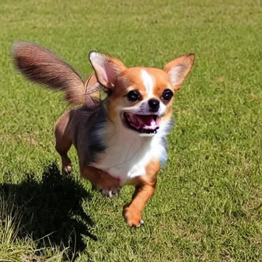 Prompt: my dream puppy: an extremely adorable chihuahua! she is so playful and happy. In this photograph, she is pictured prancing through a field on a bright, sunny summer afternoon. Her mouth is open and her tongue is out. She barks playfully as we play fetch in the field.