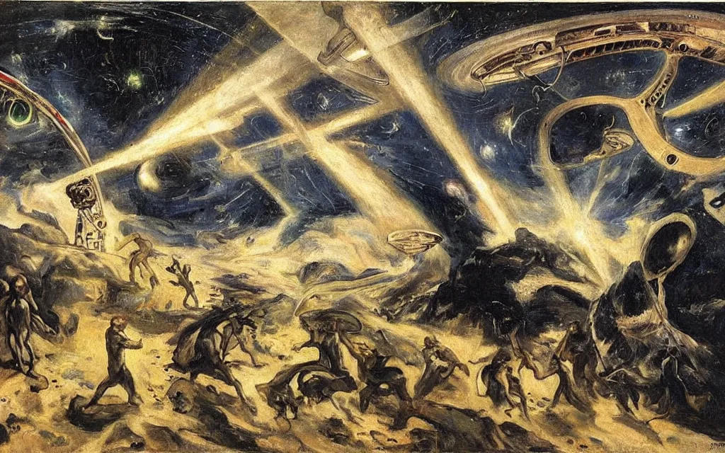 Prompt: complex alien technology that can create a force field, used to protect a planet from incoming asteroids by emile bernard and el greco, hints of german romanticism