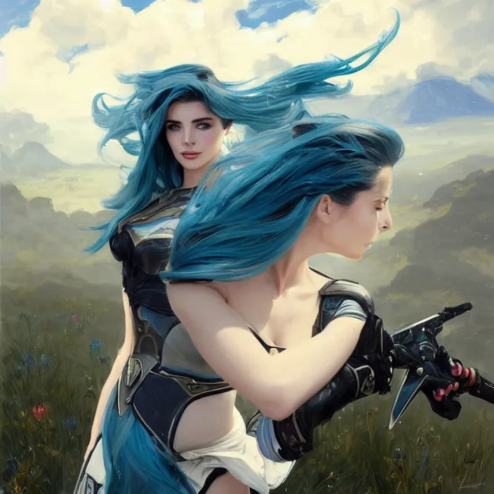 Prompt: portrait of a combination of Ashley Greene, Adriana Dxim, Grace Kelly and Lily Collins with blue hair in Warframe armor, countryside, calm, fantasy character portrait, dynamic pose, above view, sunny day, thunder clouds in the sky, artwork by Jeremy Lipkin and Giuseppe Dangelico Pino and Michael Garmash and Rob Rey and Greg Manchess and Huang Guangjian, very coherent asymmetrical artwork, sharp edges, perfect face, simple form, 100mm