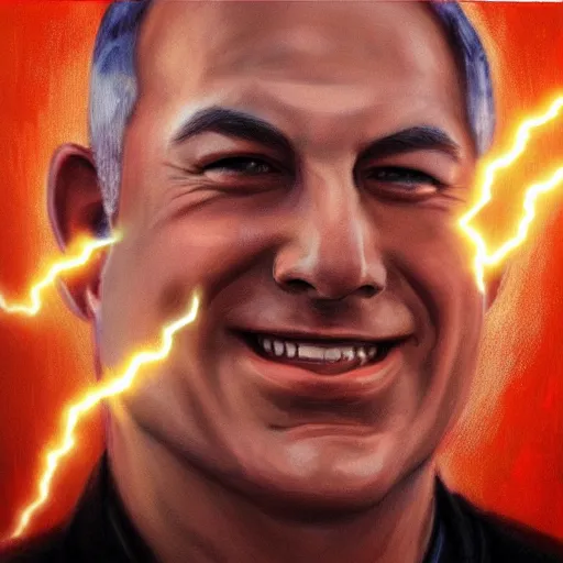 Prompt: portrait of benjamin netanyahu grinning while holding many lightning bolts, villain art, by artgerm