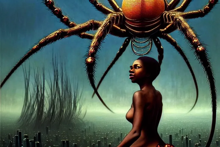 Image similar to realistic detailed photorealistic portrait movie shot of a beautiful black woman riding a giant spider, dystopian city landscape background by denis villeneuve, amano, yves tanguy, alphonse mucha, ernst haeckel, jean delville, david lynch, edward robert hughes, roger dean, cyber necklace, rich moody colours, cyber patterns, wide angle