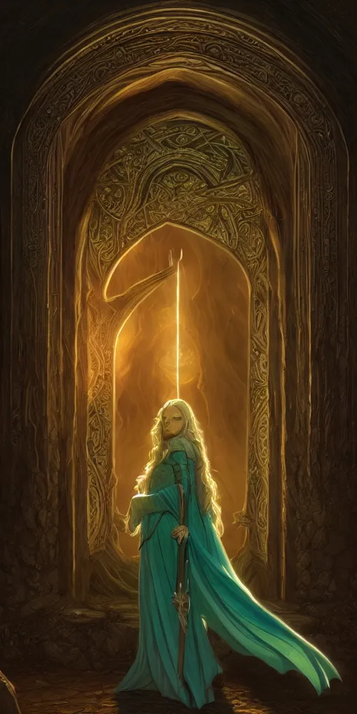Image similar to door from lord of the rings, girls, d&D, magic the gathering, ancient, sand, emerald, intricate, highly detailed, digital painting, artstation, concept art, smooth, sharp focus, illustration, Unreal Engine 5, 8K, art by artgerm and greg rutkowski and alphonse mucha