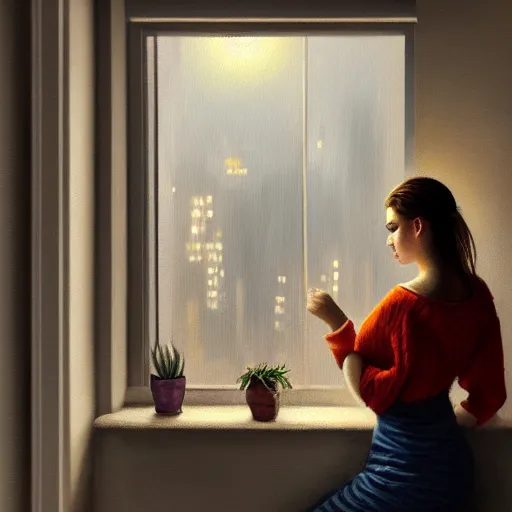 Image similar to oil painting of a beautiful woman in a cozy, comfort home, dimly lit, modern apartment, city from the window, insanely detailed, artstation, digital painting, cinematic lighting