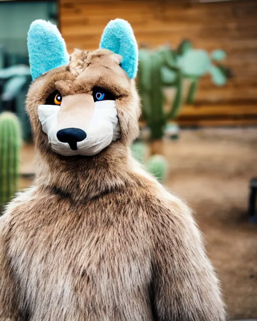 Image similar to portrait photo headshot still of a fursuit, 8 k, 8 5 mm f 1. 8, fursuit, made fur you, don't hug cacti