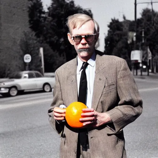 Image similar to hugh hopper on a street corner eating an orange and sipping pepsi