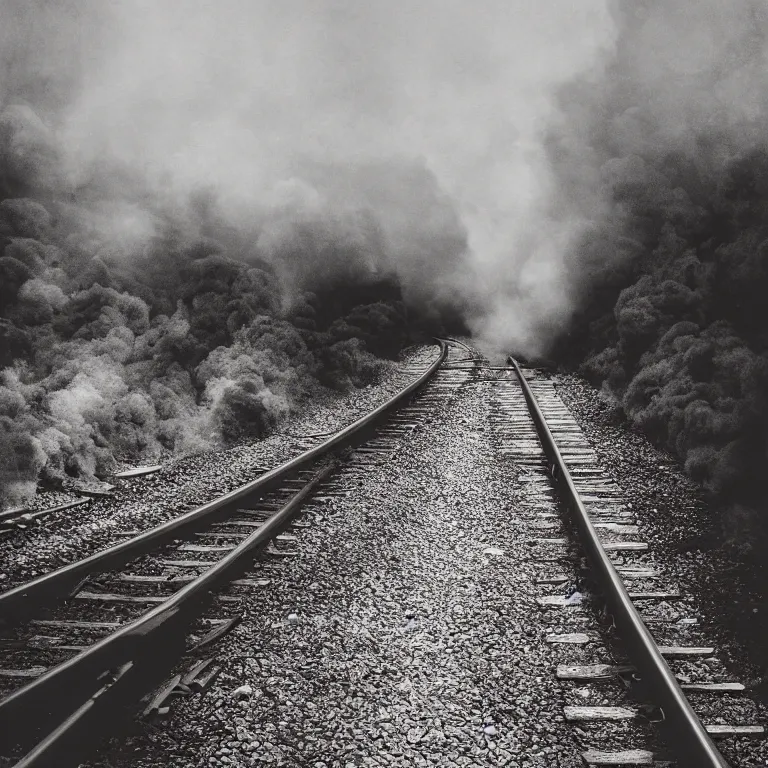 Prompt: gunpowder casted on the railroads, film photo, soft lighting album cover, nostalgia, gradient