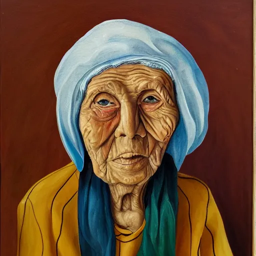 Image similar to painting of a wrinkled old woman, appalachian folk art