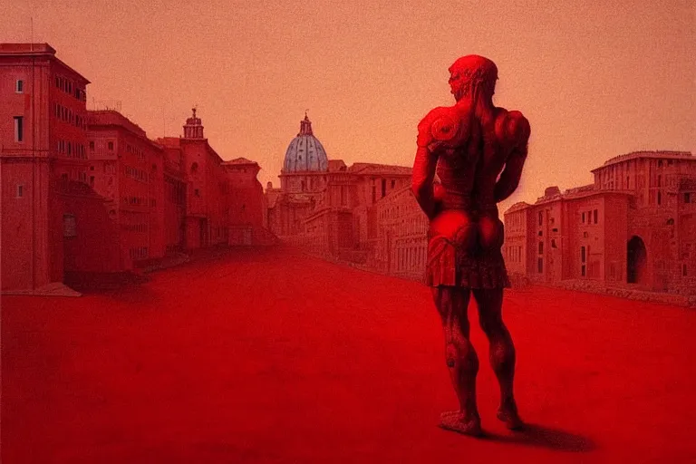 Image similar to only with red, caesar after war, a red tiger, in hoc signo vinces, rome in background, an ancient path, in the style of beksinski, part by hopper, part by rodcenko, part by hofbauer, intricate composition, red by caravaggio, insanely quality, highly detailed, masterpiece, red light, artstation