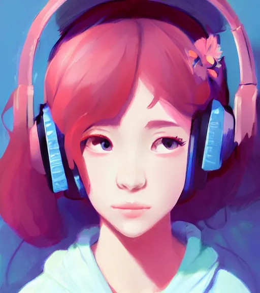 Image similar to beautiful little girl character inspired by 9 0's fashion and by madeline from celeste, art by rossdraws, wlop, ilya kuvshinov, artgem lau, sakimichan and makoto shinkai, concept art, headphones, anatomically correct, extremely coherent, realistic