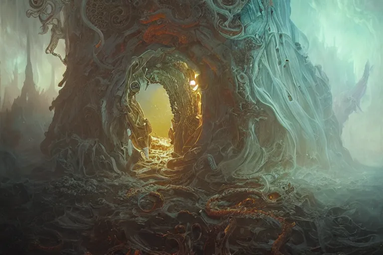 Image similar to a lovecraftian painting of a demonic portal, cosmic horror elements, ultra realistic, concept art, intricate details, eerie, highly detailed, photorealistic, octane render, 8 k, unreal engine. art by artgerm and greg rutkowski and alphonse mucha