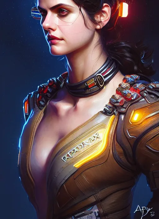 Image similar to portrait of apex legends alexandra daddario, intricate, elegant, glowing lights, highly detailed, digital painting, artstation, glamor pose, concept art, smooth, sharp focus, illustration, art by artgerm and greg rutkowski, artey freytag