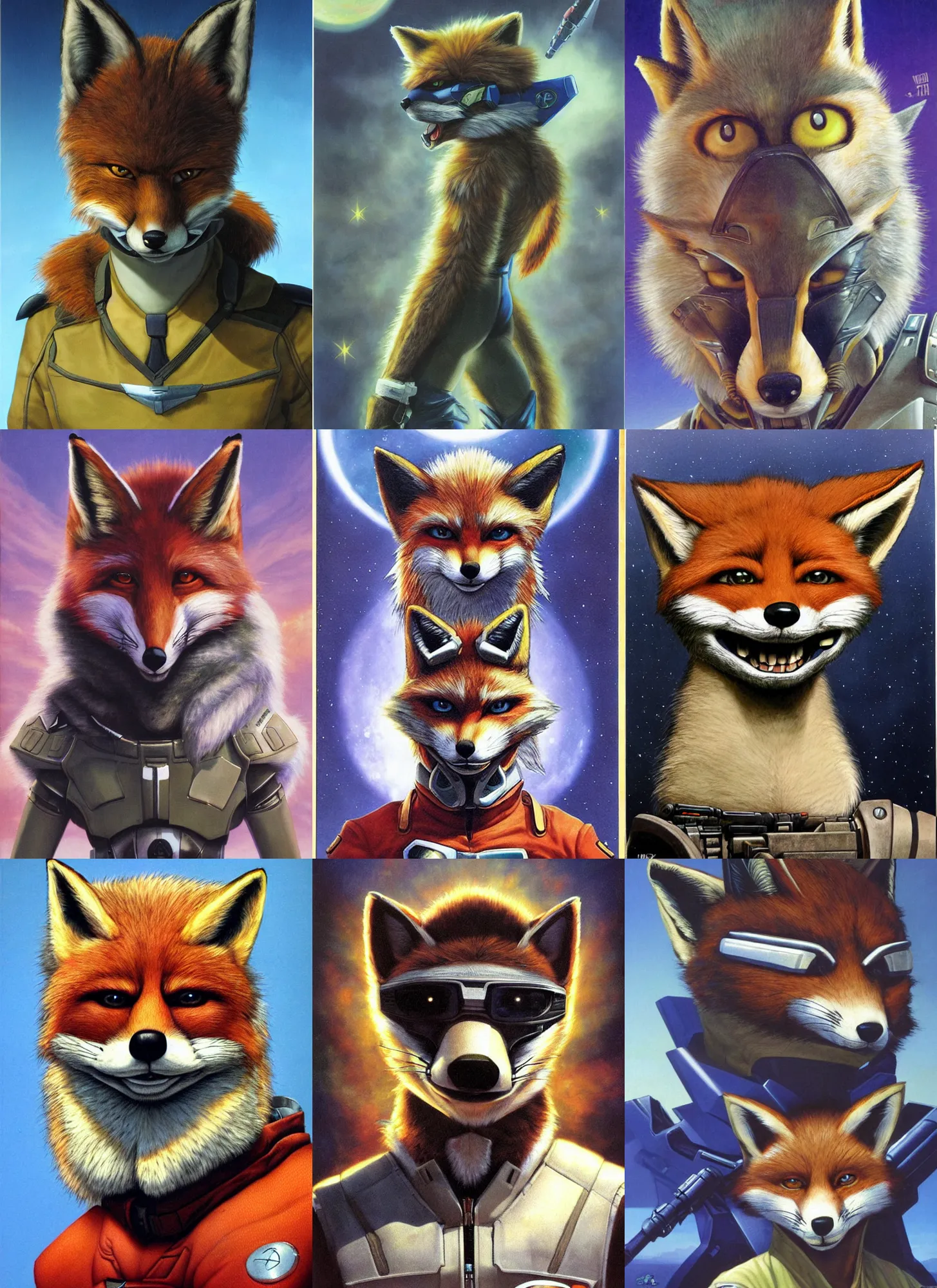 Prompt: a portrait of fox mccloud, suspenseful, heroic, anthropomorphic furry art, star fox, by jim burns, vincent di fate, and peter elson
