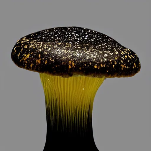 Prompt: mid-shot beautiful roud mushroom cap, luminous lamellae are clearly visible, no stipe, Giger, black background, hyper realism, epic composition