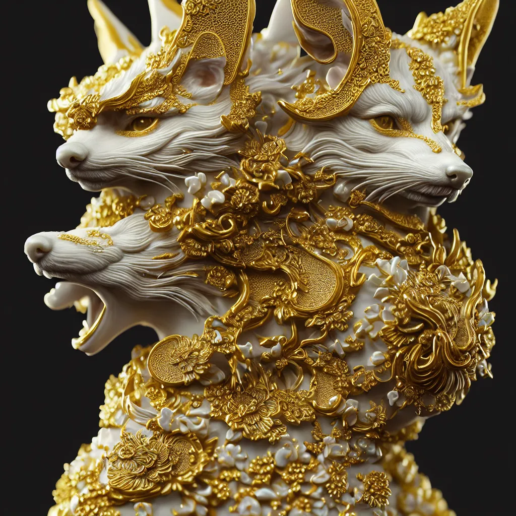 Prompt: a closeup photo - real delicate ceramic porcelain sculpture of an ornate detailed kitsune in front of an intricate background by rafael, micro detail, backlit lighting, subsurface scattering, translucent, thin porcelain, octane renderer, black and green and gold jewelry, physically based rendering, trending on cgsociety