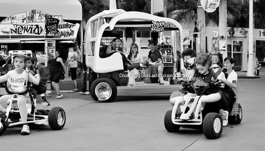 Image similar to 1990s photo of inside the Boring News Grown up errands ride at Universal Studios in Orlando, Florida, children riding on tiny ice cream truck go-carts through a mall, slime monsters, business men, cinematic, UHD