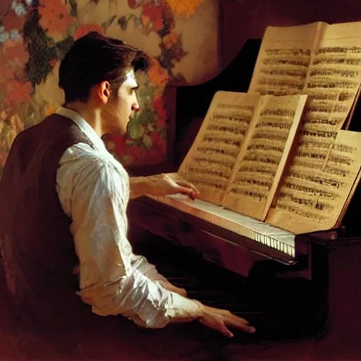 Image similar to attractive man, playing piano, painting by gaston bussiere, craig mullins, greg rutkowski, alphonse mucha