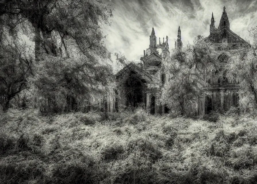 Image similar to abandoned cathedral with overgrown vegetation, vintage infrared photograph