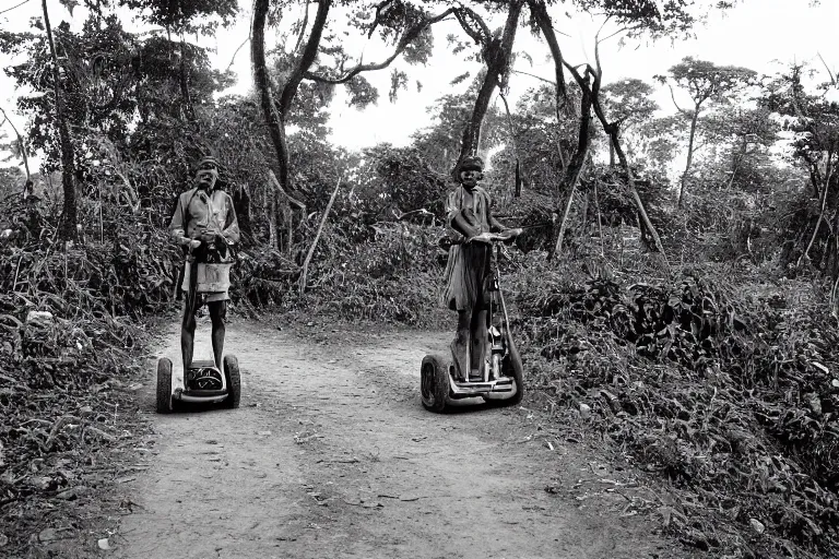 Image similar to a colonial closeup photograph of a Segway in a village at the river bank of Congo , Thick jungle, scary, evil looking, wide angle shot