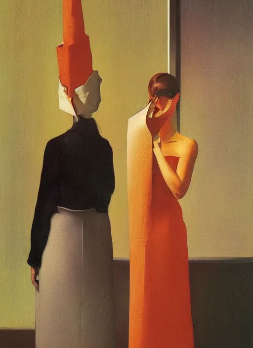 Image similar to women in paper bag over the head and a sward at catwalk restaurant Edward Hopper and James Gilleard, Zdzislaw Beksinski, highly detailed