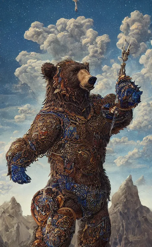 Image similar to mural of a bear beast-man, sci fi weapon, royal ornaments, reaching towards the heavens, sci fi world, holy imagery, highly detailed, beautiful colors, renaissance mural, mural in the style of sandro boticceli, sandro boticceli