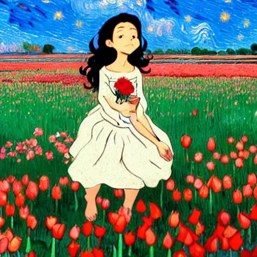 Image similar to beautiful dark skinned mexican woman, dancing in a field of tulips and baby's breath, prominent, rosy cheek bones, black hair and brown eyes, van gogh art style, art by hayao miyazaki, makoto shinkai