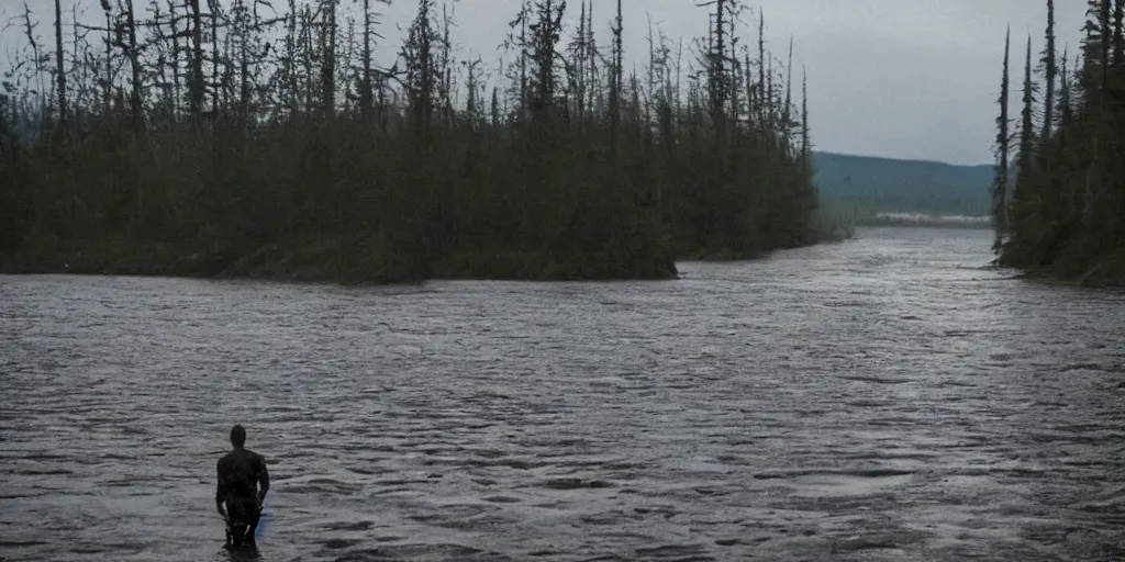 Prompt: Scary cryptid in a river in alaska at night, long lens, telephoto, candid picture, front lit by flashlight