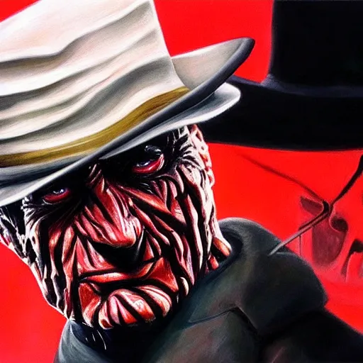 Image similar to an ultra - realistic portrait painting of freddy krueger in the style of alex ross. 4 k. ultra - realistic. highly detailed. epic lighting.