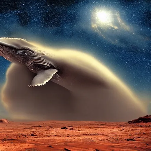 Prompt: whale on mars, photorealistic, very detailed, high definition landscape, gorgeous whale, stars and milky way galaxy, dark sky, award winning photograph, nature photography