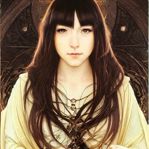 Image similar to Masterpiece head and shoulders portrait of a female Kazuto Kirigaya Kirito, young woman with brown long hair and bangs and wearing a long black coat breast-armor showing through, face, fantasy, intricate, elegant, highly detailed drawn by Donato Giancola and Fernanda Suarez and Artem Demura, face by Artgerm and Edmund Leighton, Alphonse Mucha, background by James Jean and Gustav Klimt, 4k, porcelain skin, komorebi, french nouveau, trending on pixiv, octane render, hyperrealistic
