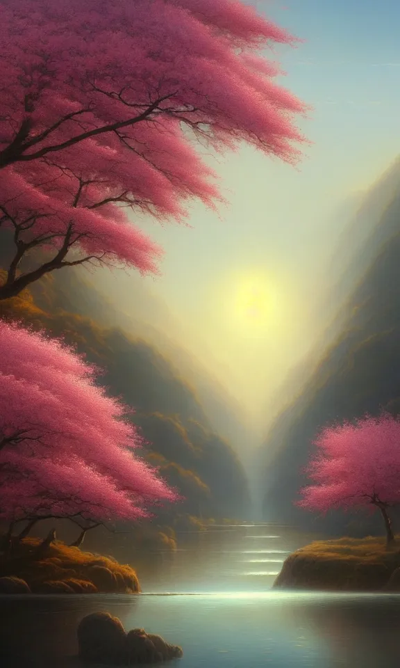 Prompt: a beautiful landscape matte painting of cherry trees with petals flying in the sky beside a river, by christophe vacher, trending on artstation