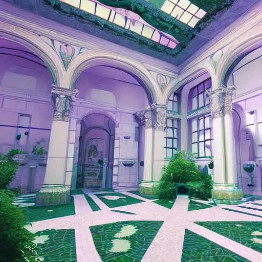 Image similar to vaporwave mansion, liminal space, high detail, rendered in unreal engine, 3d render, god rays, volumetric lighting, large windows, baroque, rococo, vegetation