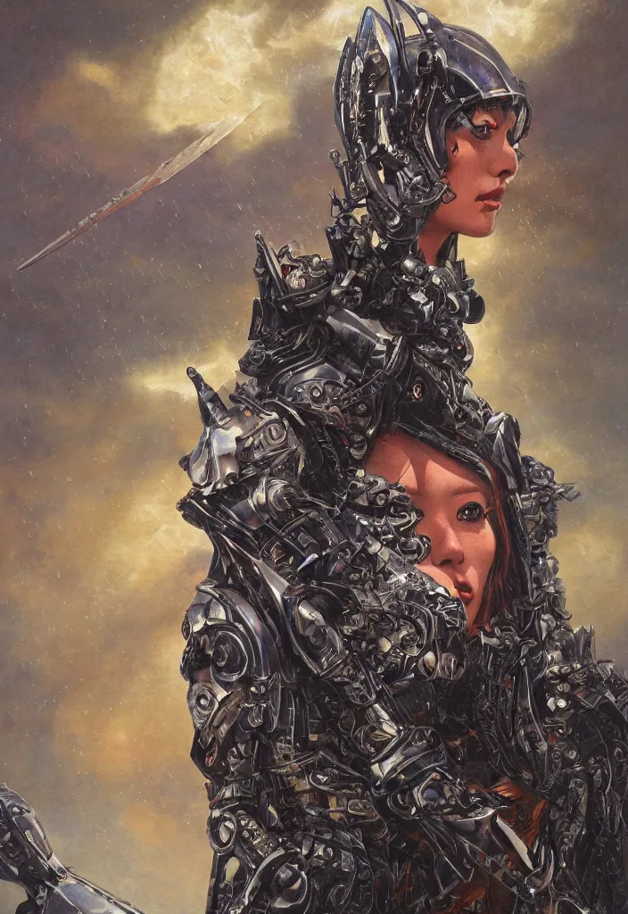 Prompt: biblical diabolical beautiful female valkyree! samurai cyborg, slick metal plastic armor, heavy eyes to the side, closeup, bright glowing eyes, in clouds, rain, sunset, portrait, by gerald brom, by mikhail vrubel, by peter elson, muted colors, extreme detail, reflections, trending on artstation, 8 k