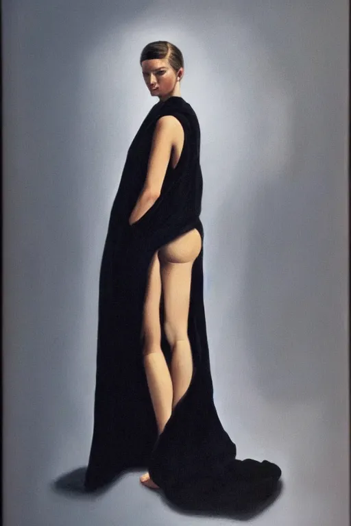 Prompt: hyperrealism oil painting, long view portrait, fashion model, black robe in complete darkness, soft light, in style of classicism mixed with 8 0 s sci - fi hyperrealism