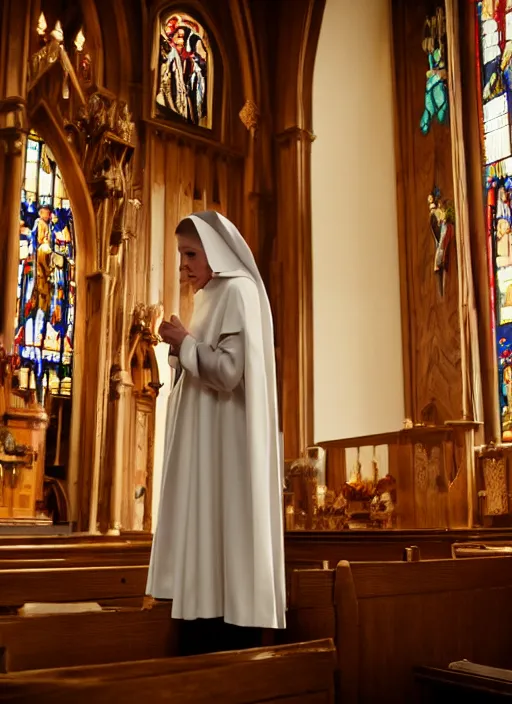 Image similar to film still of Sofia Verga dressed as a nun, revealing nun outfit, church interior, 4k