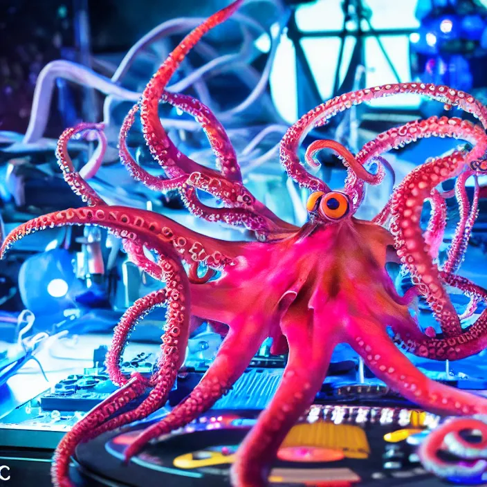 Image similar to award winning photo of an octopus! as a dj with tentacles! simultaneously placed turntables cdjs and knobs of a pioneer dj mixer. sharp, blue and fuschia colorful lighting, in front of a large crowd, studio, medium format, 8 k detail, volumetric lighting, wide angle, at an outdoor psytrance festival main stage at night