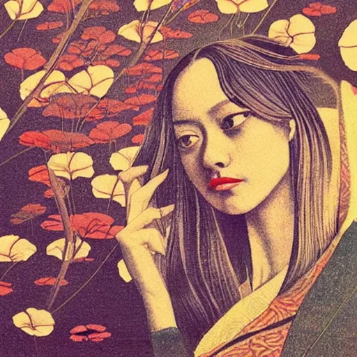 Image similar to “ amanda seyfried portrait by ikenaga yasunari and ayana otake and ko rakusui, 6 0 s poster, drawing, realistic, sharp focus, japanese, dreamy, nostalgia, faded, golden hues, floral clothes ”