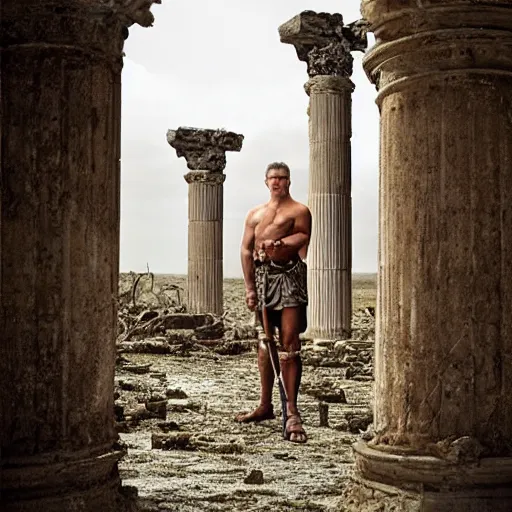 Prompt: portrait of Achilles holding a spear, standing in ruins, fallen columns, highly detailed face, tom chambers photography