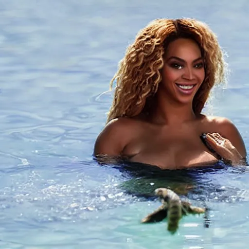 Image similar to ( beyonce + turtle ) swimming