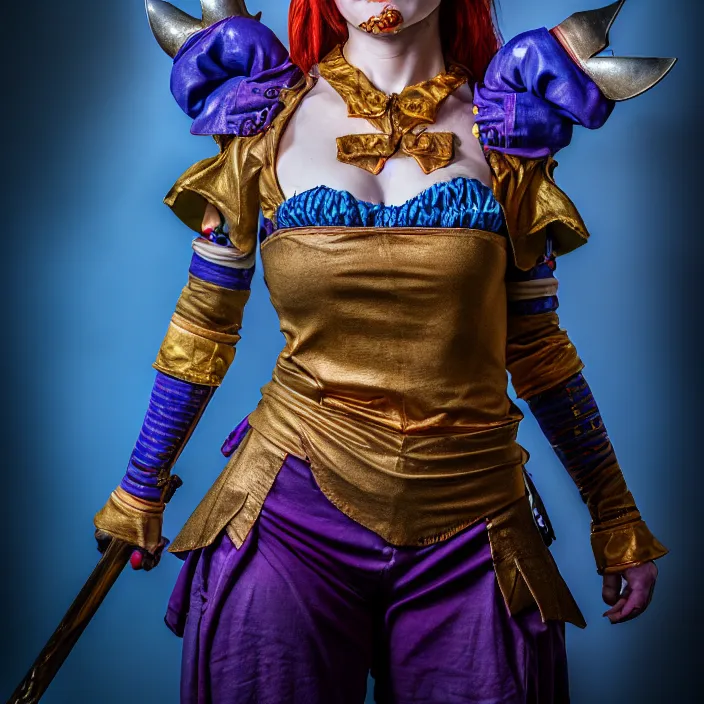 Image similar to full body photo of a real - life beautiful female jester warrior, 8 k, hdr, smooth, sharp focus, high resolution, award - winning photo